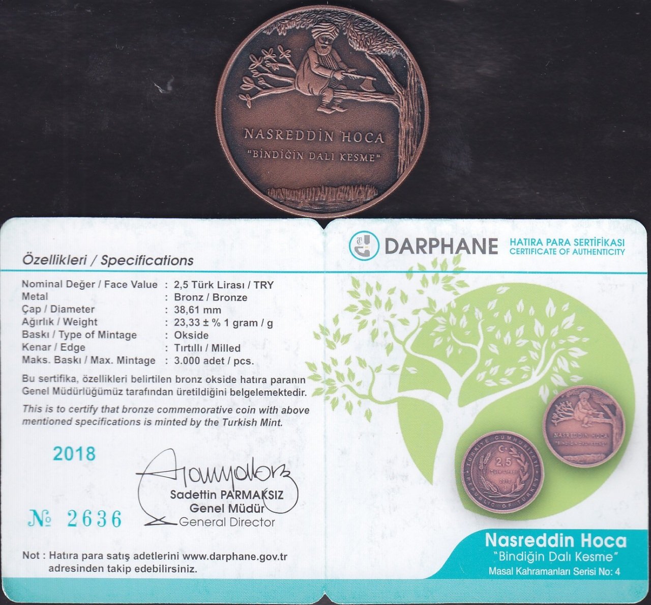 2018 Yılı 2.5 Lira Nasreddin Hoca Hatıra Para Sertifikalı Çil Bronz