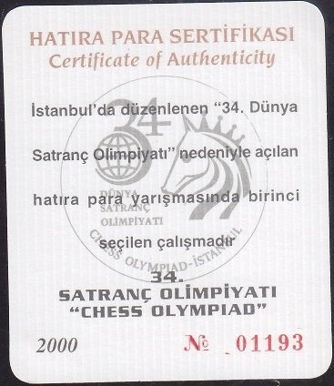 Hatıra Para Sertifikası - Satranç Olimpiyatı - 2000 Yılı