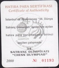 Hatıra Para Sertifikası - Satranç Olimpiyatı - 2000 Yılı