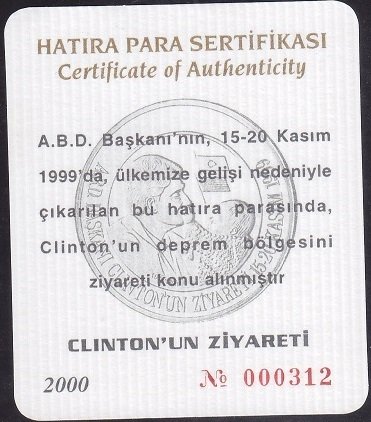 Hatıra Para Sertifikası - Clinton'un Ziyareti - 2000 Yılı