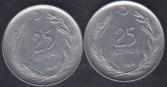 1969 Yılı 25 Kuruş Çok Temiz (Ters Düz Takım )