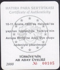 Hatıra Para Sertifikası - Türkiye'nin AB Aday Üyeliği - 2000 Yılı