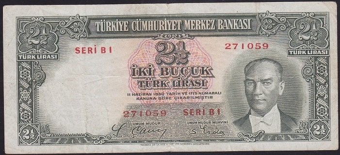 2.EMİSYON 2.5 LİRA B1 271059 ÇOK TEMİZ