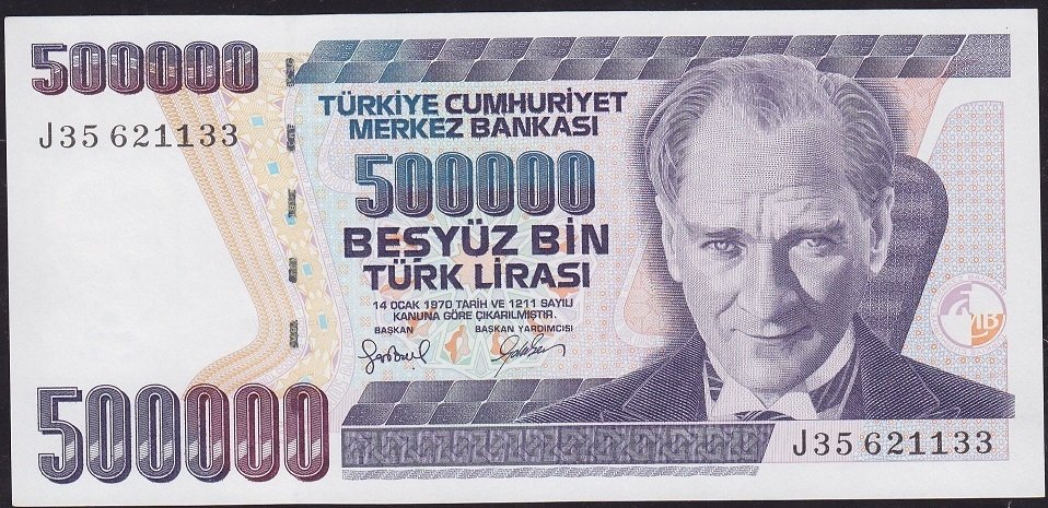 7.Emisyon 4.Tertip 500000 Lira J35 621133 Çilaltı Çil ( bandrol baskı izleri var )