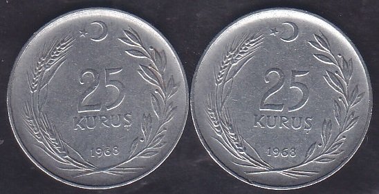 1968 Yılı 25 Kuruş Çok Temiz (Ters Düz Takım )