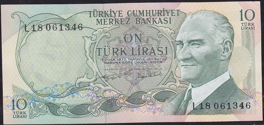 6.Emisyon 2.Tertip 10 Lira L18 061346 Çilaltı Çil ( Bandrol baskı izi var)