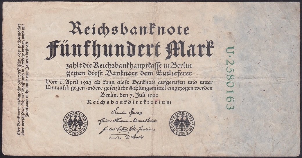 Almanya 500 Mark 1922 Temiz 7 Rakam (R71b)