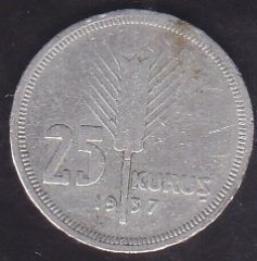 1937 Yılı 25 Kuruş Temiz Gümüş