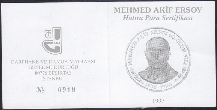 Hatıra Para Sertifikası - Mehmed Akif Ersoy - 1997 Yılı
