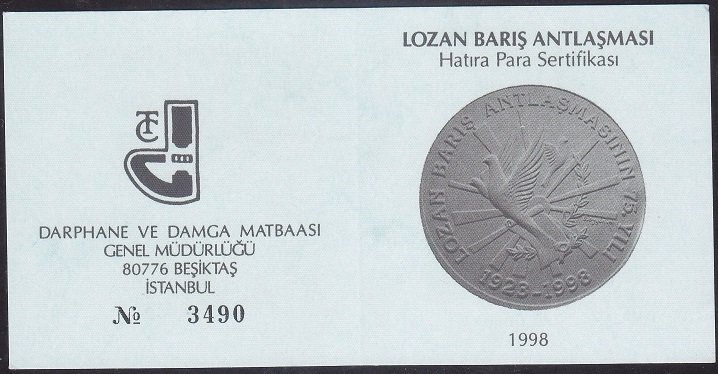 Hatıra Para Sertifikası - Lozan Barış Antlaşması - 1998 Yılı