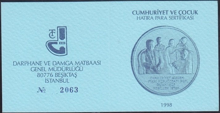 Hatıra Para Sertifikası - Cumhuriyet Ve Çocuk - 1998 Yılı