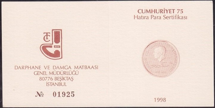 Hatıra Para Sertifikası - Cumhuriyet 75  - 1998 Yılı