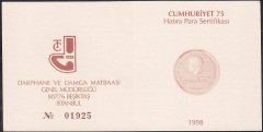 Hatıra Para Sertifikası - Cumhuriyet 75  - 1998 Yılı