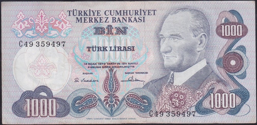 6.EMİSYON 1.TERTİP 1000 LİRA C49 359497 ÇOK TEMİZ +