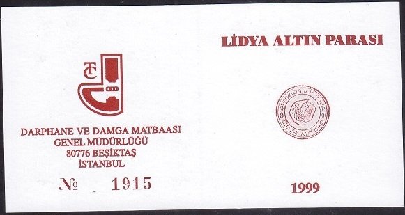 Hatıra Para Sertifikası - Lidya Altın Parası  - 1999 Yılı