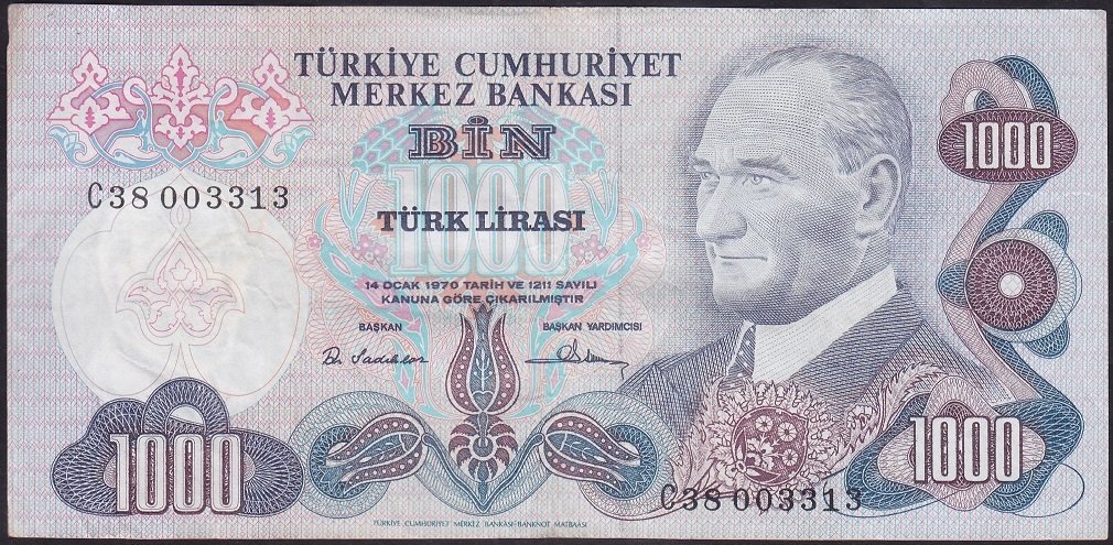 6.EMİSYON 1.TERTİP 1000 LİRA C38 003313 ÇOK TEMİZ +