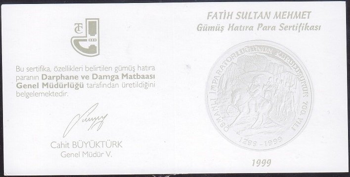 Hatıra Para Sertifikası - Fatih Sultan Mehmet  - 1999 Yılı