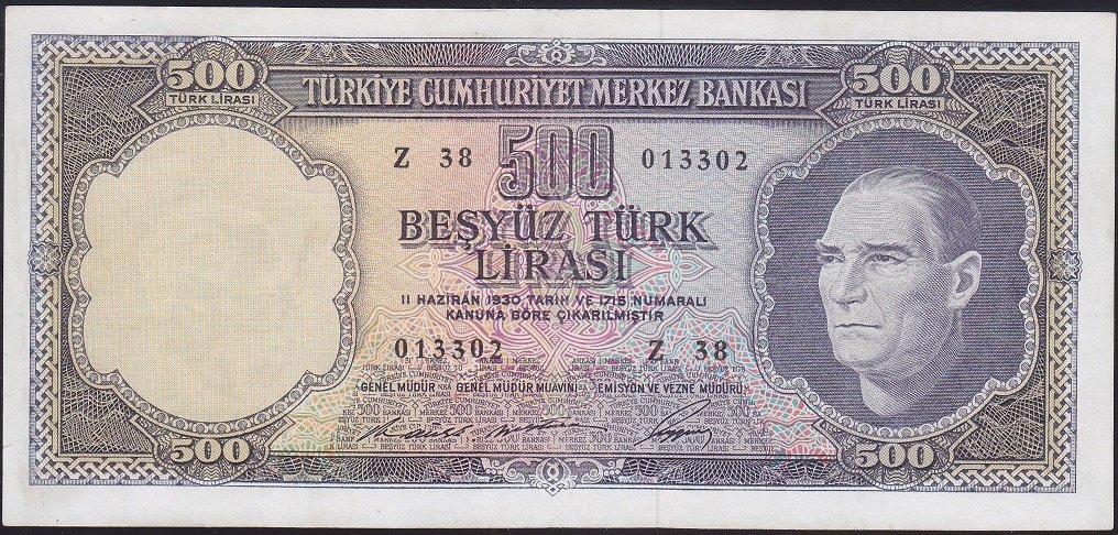 5.EMİSYON 4.TERTİP 500 LİRA Z38 013302  ÇOK ÇOK TEMİZ + ( DÜZELTME VAR )