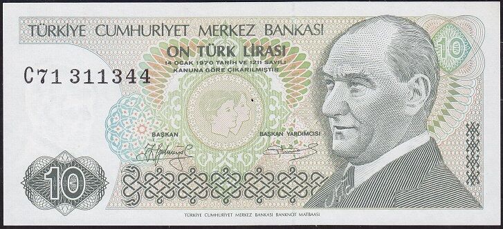 7.Emisyon 1.Tertip 10 Lira C71 311344 Çil  Uzun Kaş