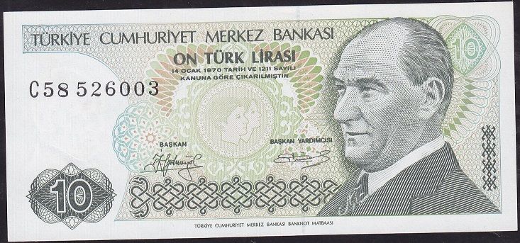 7.Emisyon 1.Tertip 10 Lira C58 526003 Çil Kısa Kaş