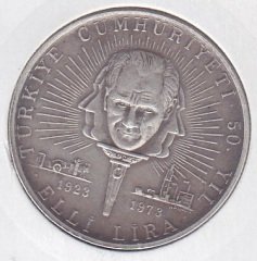 1973 Yılı 50 Lira Türkiye Cumhuriyeti 50. Yıl Gümüş ( 13 Gram )