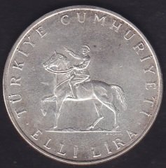 1972 Yılı 50 Lira Türkiye Cumhuriyeti 30 Ağustos Zaferinin 50.Yılı Gümüş ( 20 Gram )
