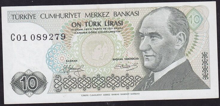 7.Emisyon 1.Tertip 10 Lira C01 089279 Çok Çok Temiz+ ( Kısa Kaş )