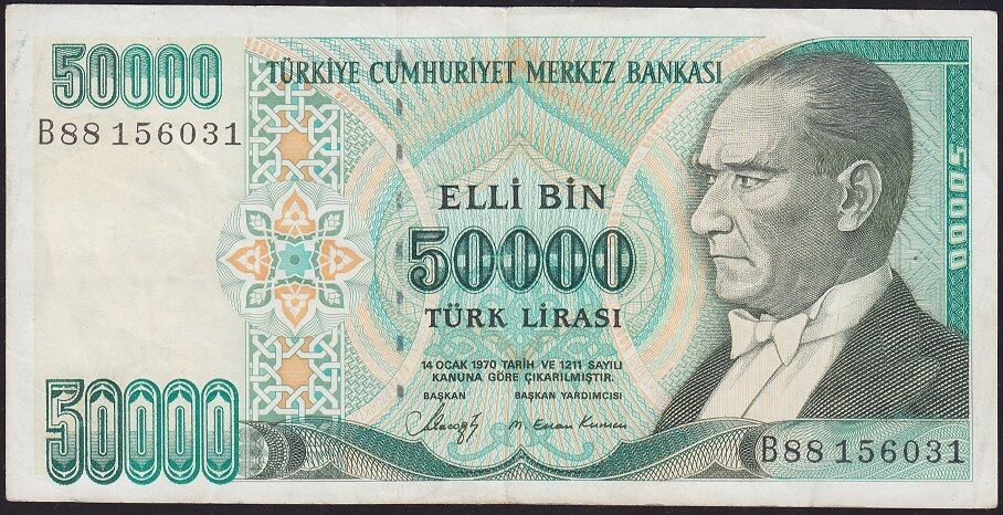 7.Emisyon 1.Tertip 50000 Lira B88 156031 Çok Temiz+