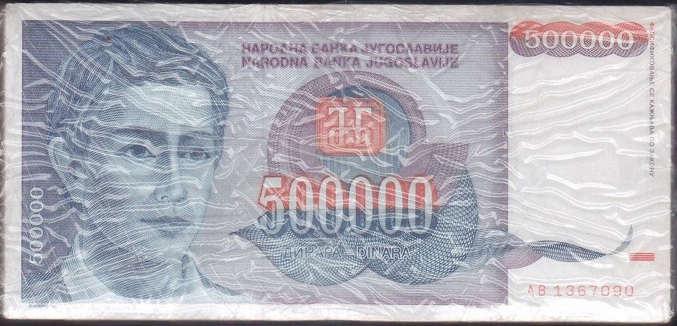 YUGOSLAVYA 500000 DİNAR 1993 KULLANILMIŞ DESTE (100 ADET)