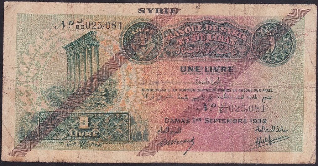 Suriye Lübnan 1 Livre 1939 Çok Temiz Pick 40c