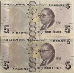 9.Emisyon 6.Tertip 5 Lira F168 618799-800 Seri Takipli Çil