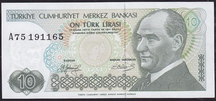 7.Emisyon 1.Tertip 10 Lira A75 191165 Çilaltı Kısa Kaş