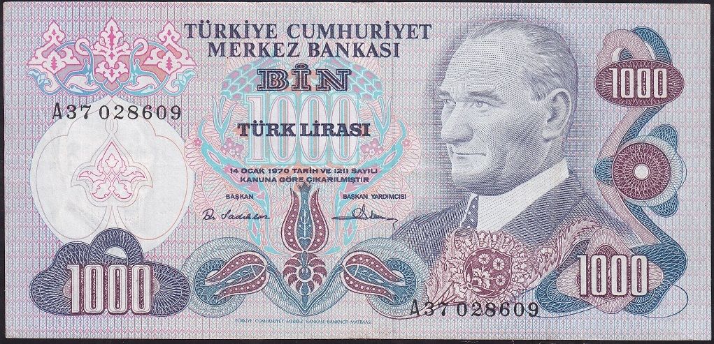 6.Emisyon 1.Tertip 1000 Lira A37 028609 Çok Temiz