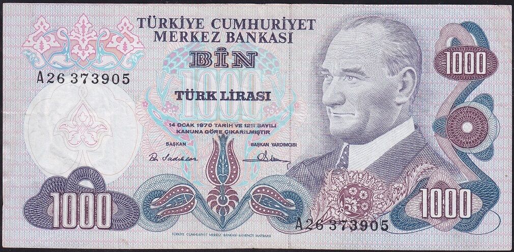 6.Emisyon 1.Tertip 1000 Lira A26 373905 Çok Temiz