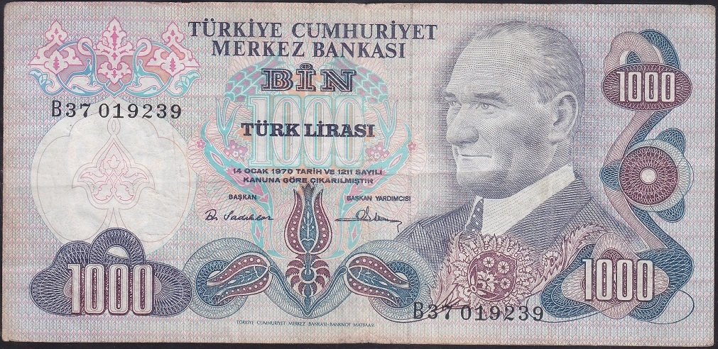 6.EMİSYON 1.TERTİP 1000 LİRA B37 019239 ÇOK TEMİZ