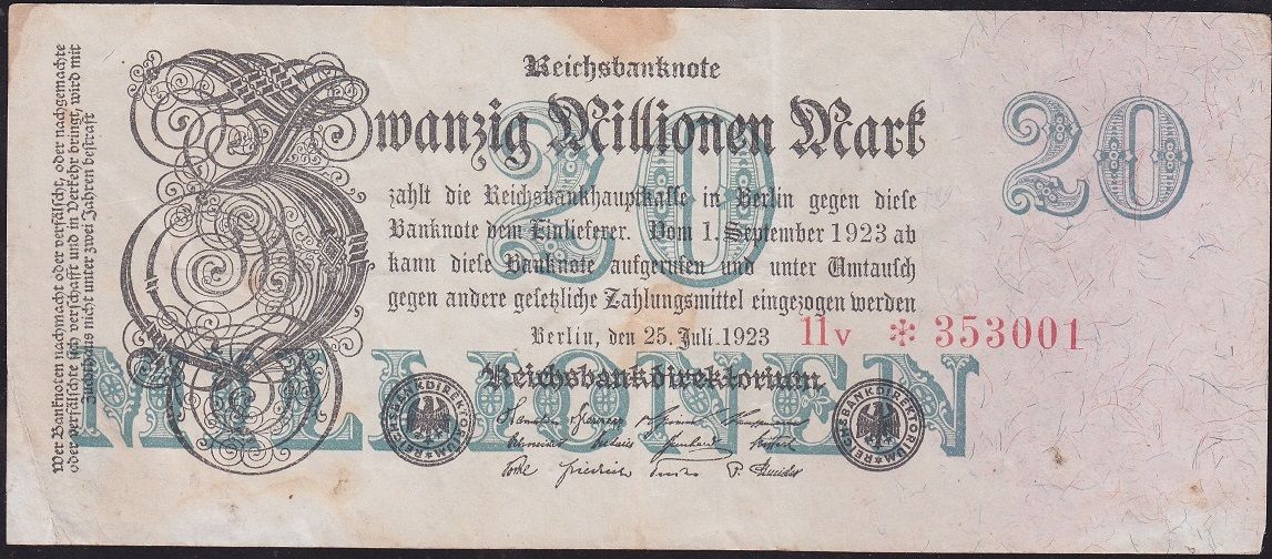 Almanya 20 Milyon Mark 1923 Çok Temiz+  ( Yıldızlı Seri )