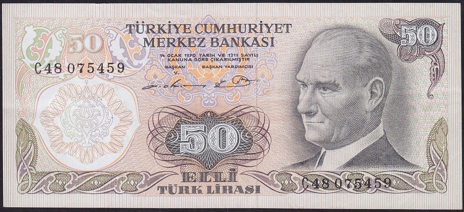 6.Emisyon 1.Tertip 50 Lira C48 075459 Çok Temiz+