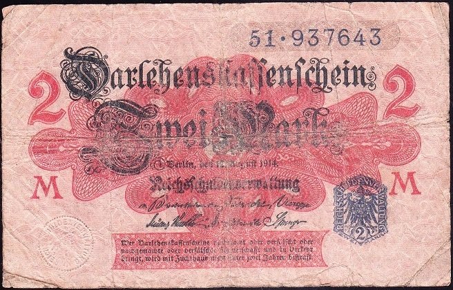 Almanya 2 Mark 1914 Temiz Mavi Seri rakamlı ( R52d )