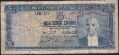 5.EMİSYON 1.TERTİP 5 LİRA C19 396257 TEMİZ