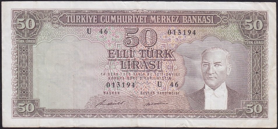 5.EMİSYON 7.TERTİP 50 LİRA U46 013194 ÇOK TEMİZ +