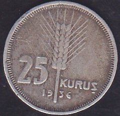 1936 Yılı 25 Kuruş Gümüş