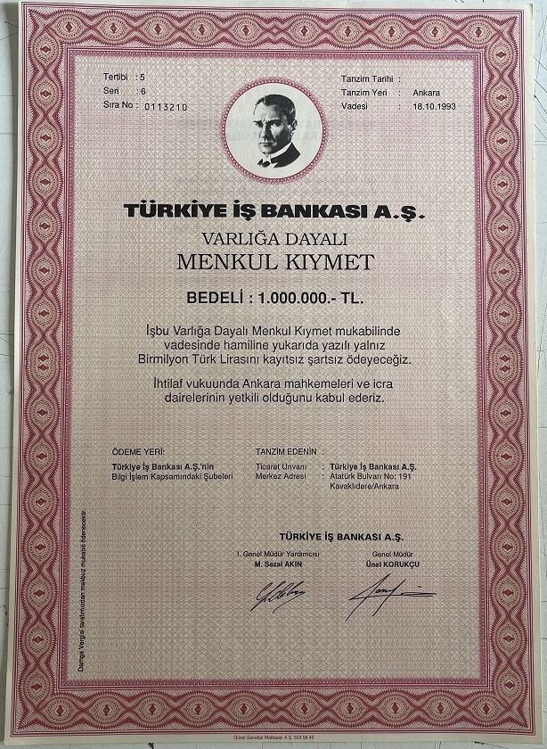 İş Bankası Hisse Senedi 1.000.000 Lira