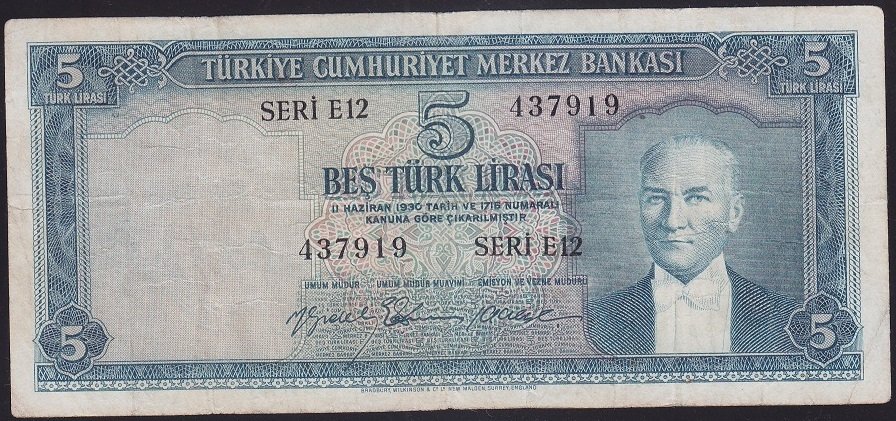 5.EMİSYON 2.TERTİP 5 LİRA E12 437919 ÇOK TEMİZ