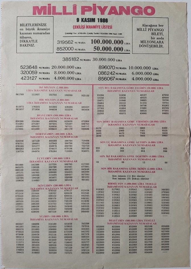 1986 9 Kasım Piyango Listesi