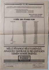1985 29 Eylül Piyango Listesi