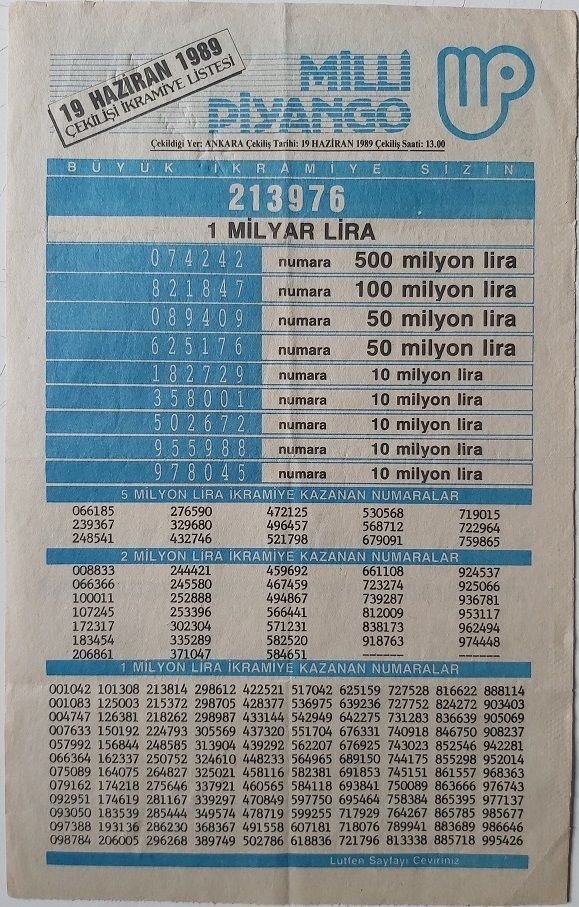 1989 19 Haziran Piyango Listesi