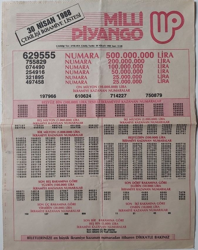 1988 30 Nisan Piyango Listesi
