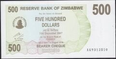 Zimbabwe 500 Dolar 2007 Çilaltı Çil Pick 43
