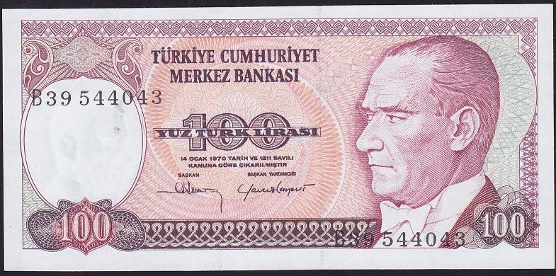 7.Emisyon 1.Tertip 100 Lira B39 544043 Çil