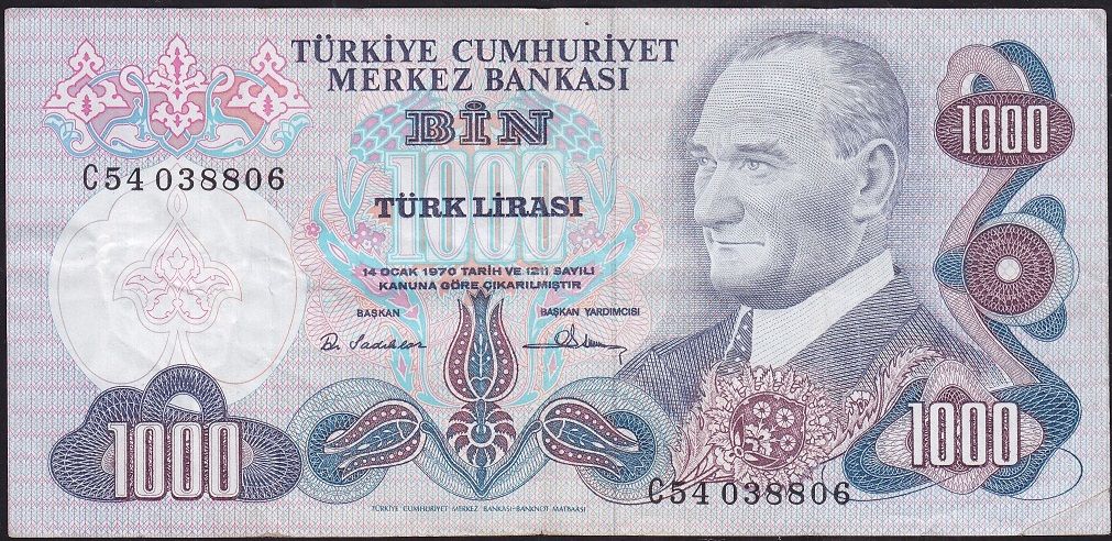 6.Emisyon 1.Tertip 1000 Lira C54 038806 Çok Temiz+